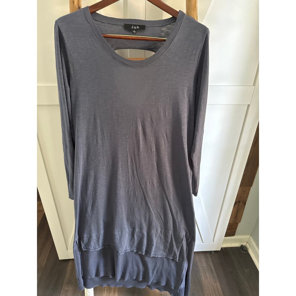 JOH women’s Cotton Lagenlook Tunic Charcoal Blue dress Large Asymmetrical Hem